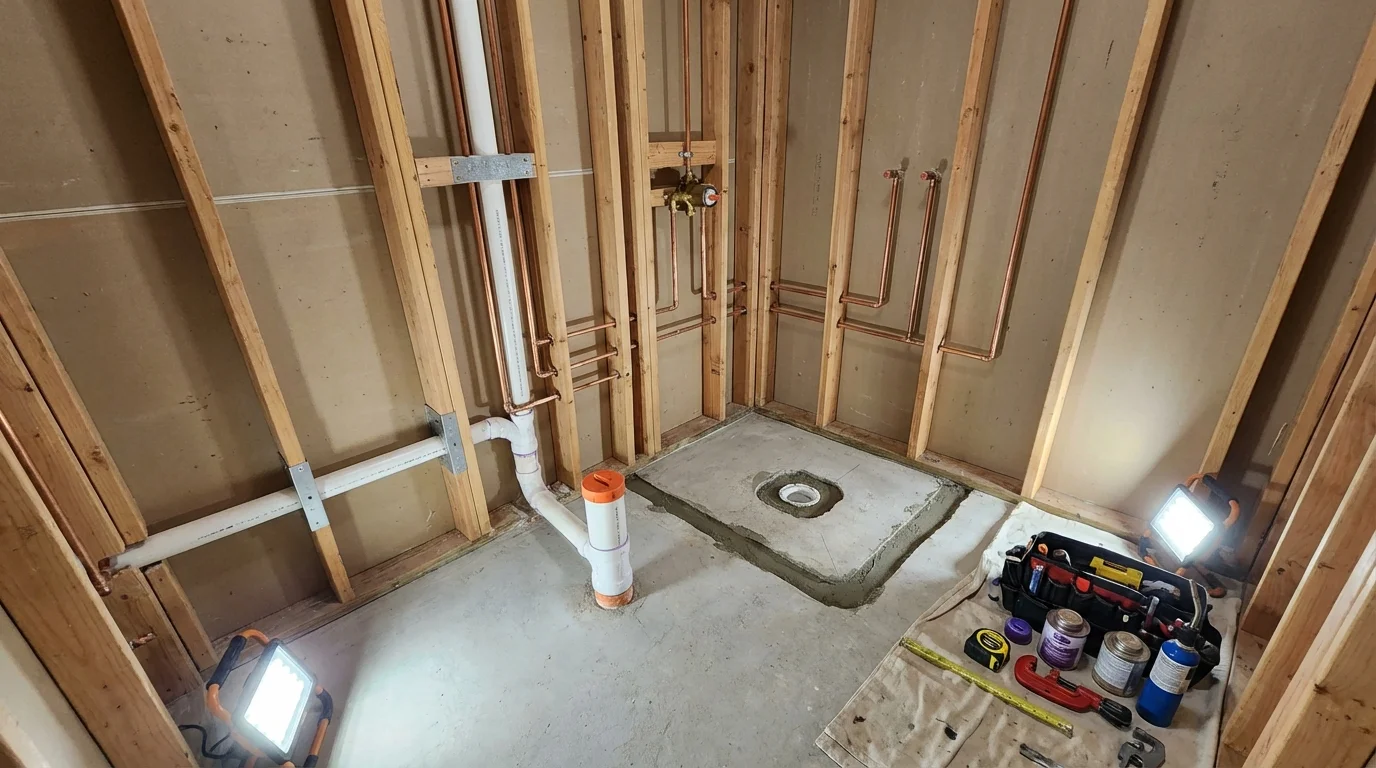 Bathroom rough-in plumbing during remodel by Johns Plumbing LLC in Jasper