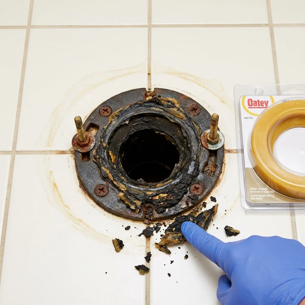 Failed wax ring showing water seepage at the base of a toilet in a Jasper, AR home