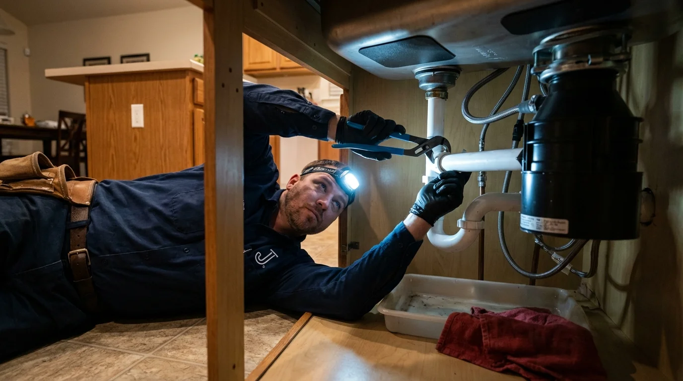 P-trap and supply line connections under a kitchen sink showing a common leak point in Jasper, AR